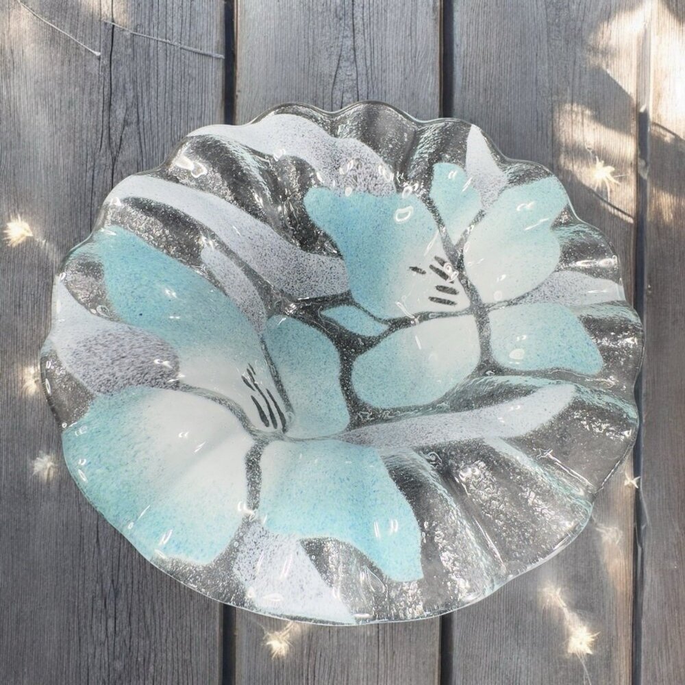 Sydenstricker Bowl Dish Fused Art Glass Ruffled Clear Blue Flowers VTG Signed